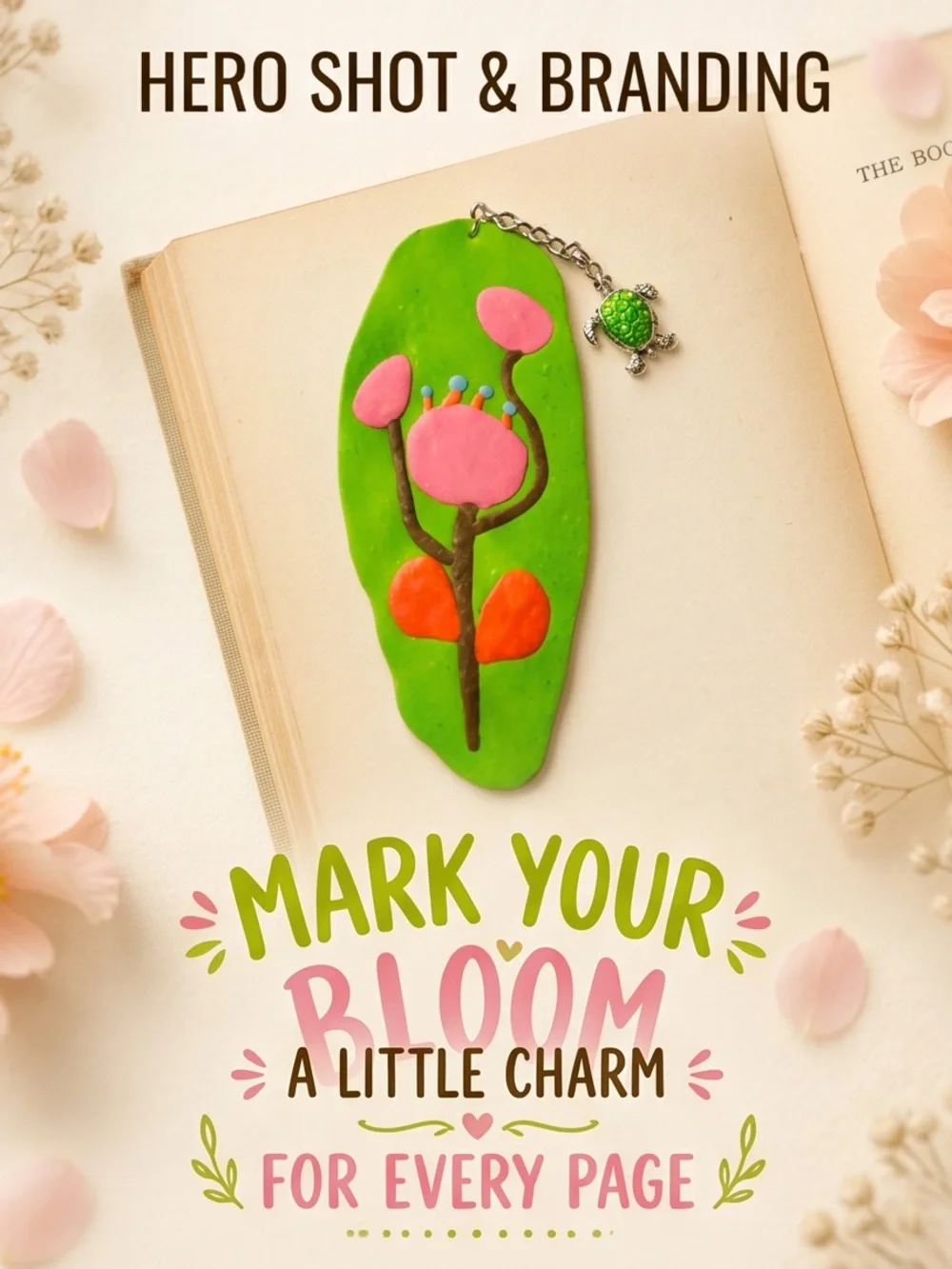 Green Floral Bookmark Charm with Turtle Tassel